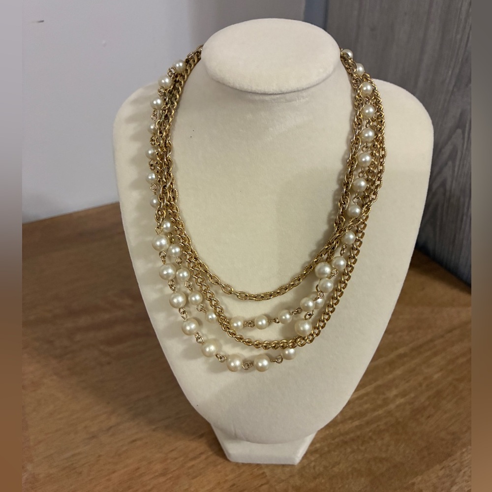 Vintage 4 Layered Gold Plated Necklace w/ Faux Pearls